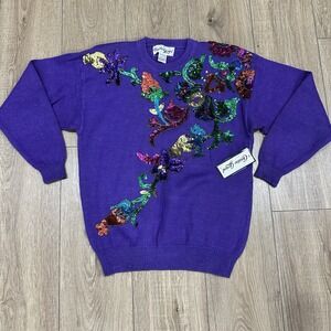 Vintage‎ 80s Christine Gerard Sweater Purple Sequins Sz M - Brand New